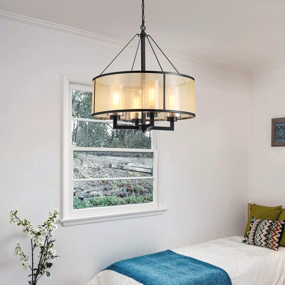 23018 Lámpara de araña moderna de bronce antiguo con 4 luces doradas, lámpara colgante de red para comedor, sala de estar, dormitorio, cadena