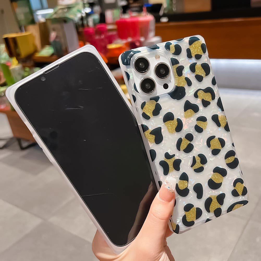 KERZZIL Funda de lujo con diseño de leopardo y perla para iPhone 13 Pro de 6.1 pulgadas, con borde cuadrado, bonito polvo dorado dorado brillante