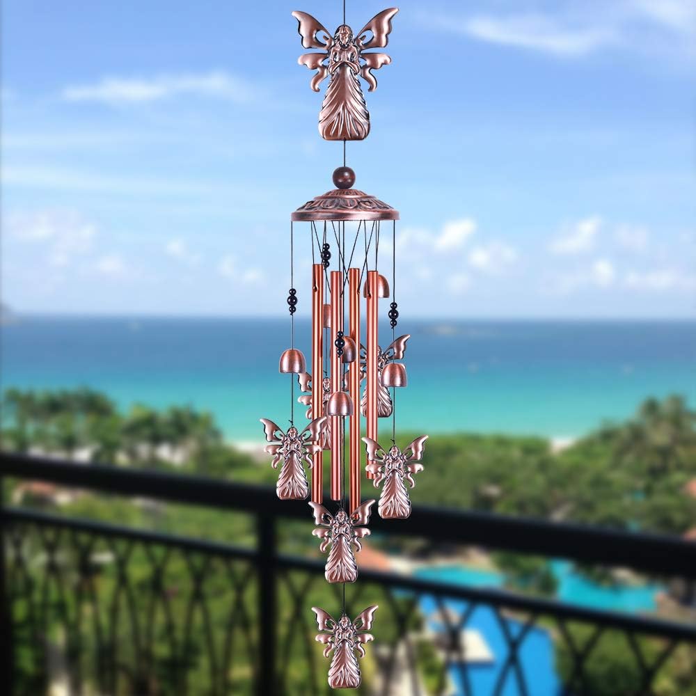 Campanillas de viento de ángel de jardín de 36 pulgadas para decoración interior y exterior, con 4 tubos de aluminio, 6 campanas, 7 ángeles,