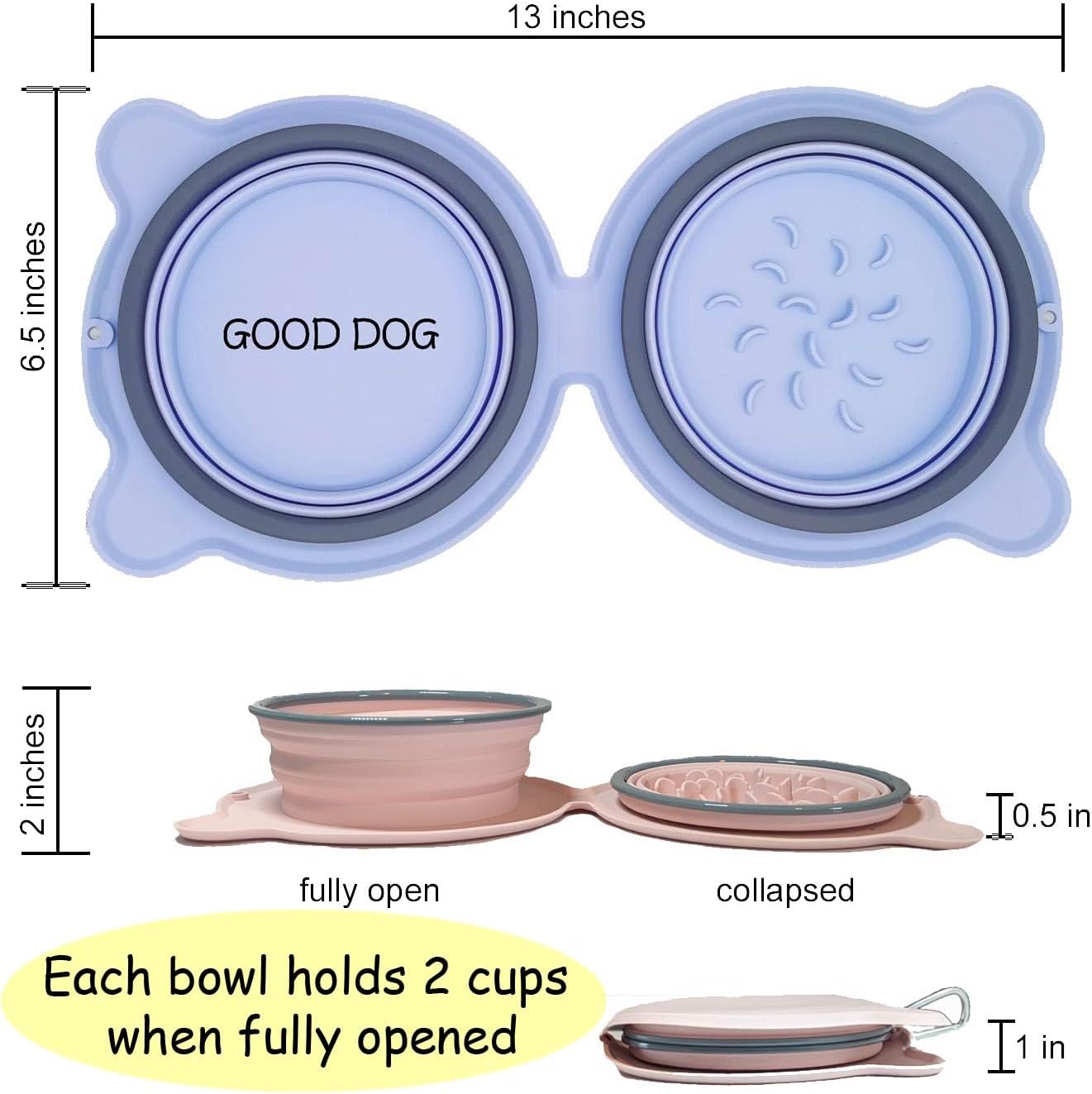 Good Dog – Cuencos dobles plegables para perros, bordes reforzados duraderos, cuencos de comida y agua de viaje, cuenco plegable para alimentación