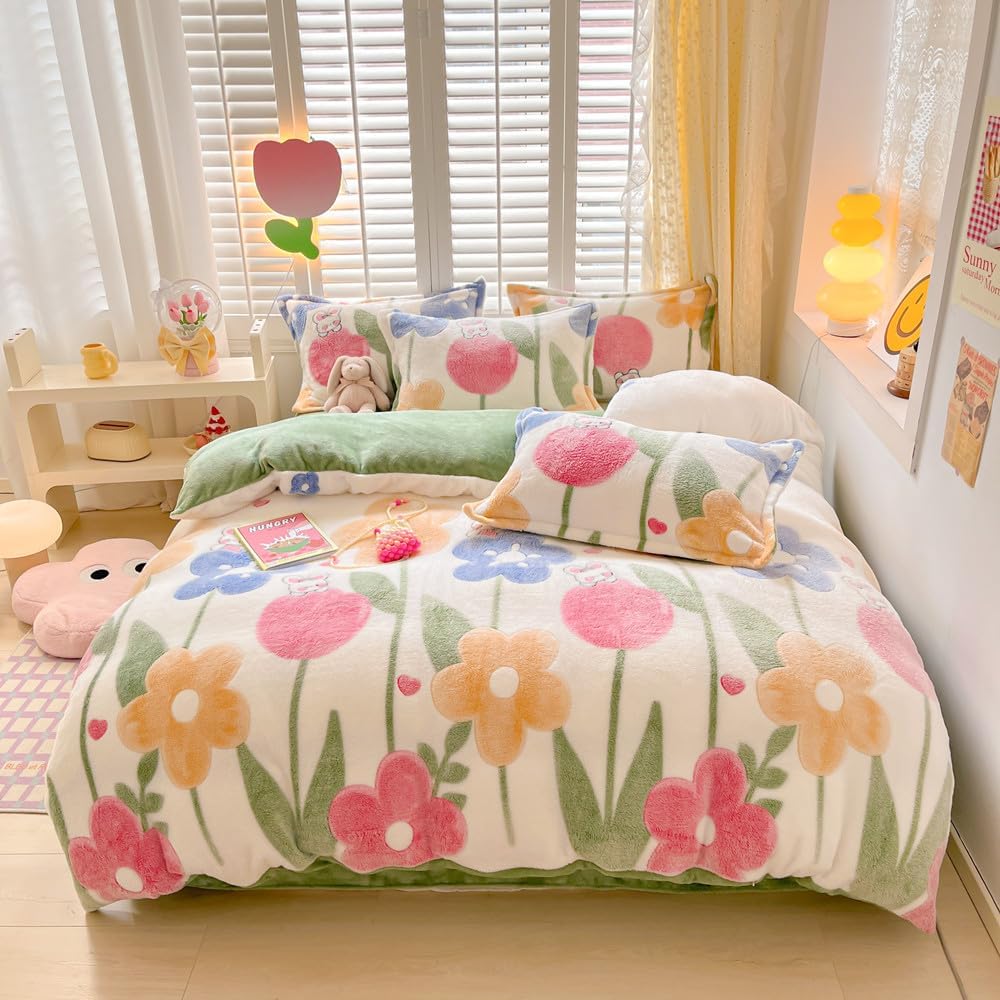 Juego de funda de edredón floral para niños, juego de ropa de cama kawaii, diseño de copos de nieve verde aguacate, funda de edredón esponjosa,
