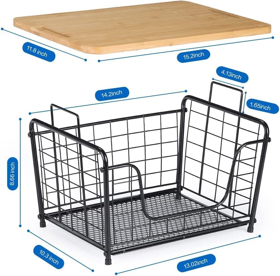 Cesta de frutas, organizador apilable para encimera, cesta de alambre con tapa superior de bambú, cesta de verduras para mostrador, soporte para pan