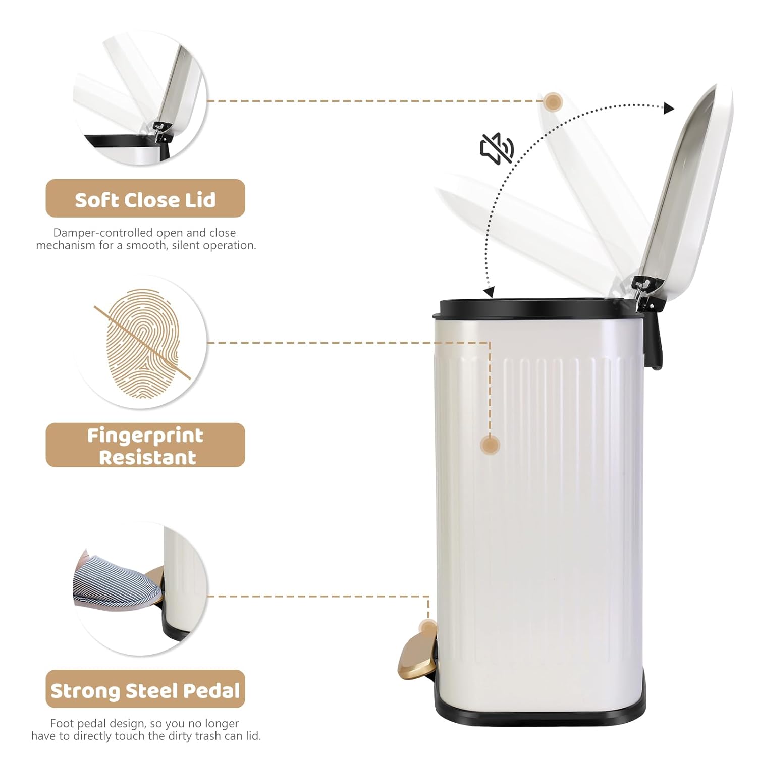 Triiter Cubo de basura rectangular de 3.5 galones con tapa de cierre suave, cubo de basura de acero inoxidable con cubo interior extraíble, papelera