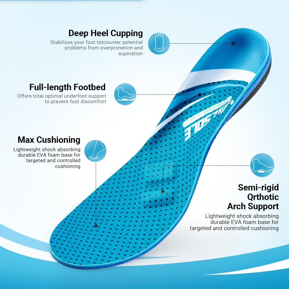 VALSOLE Plantilla de soporte de arco alto para fascitis plantar de más de 220 libras para hombres y mujeres, soporte resistente, para aliviar el