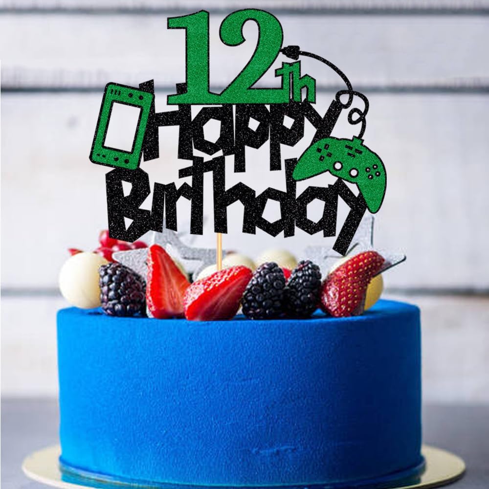 Dcokska Decoración para pastel de cumpleaños número 12, controlador de juego con purpurina, decoración de pastel de feliz cumpleaños, suministros de