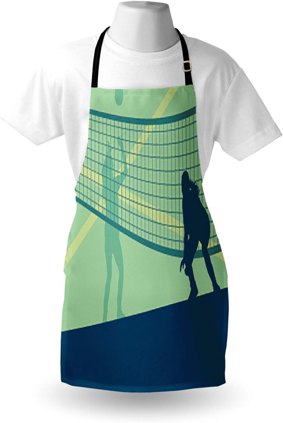 Ambesonne Volleyball Apron, Scenery of 2 Females Competing in a Sports Field Healthy Sports, Unisex Kitchen Bib with Adjustable Neck for Cooking