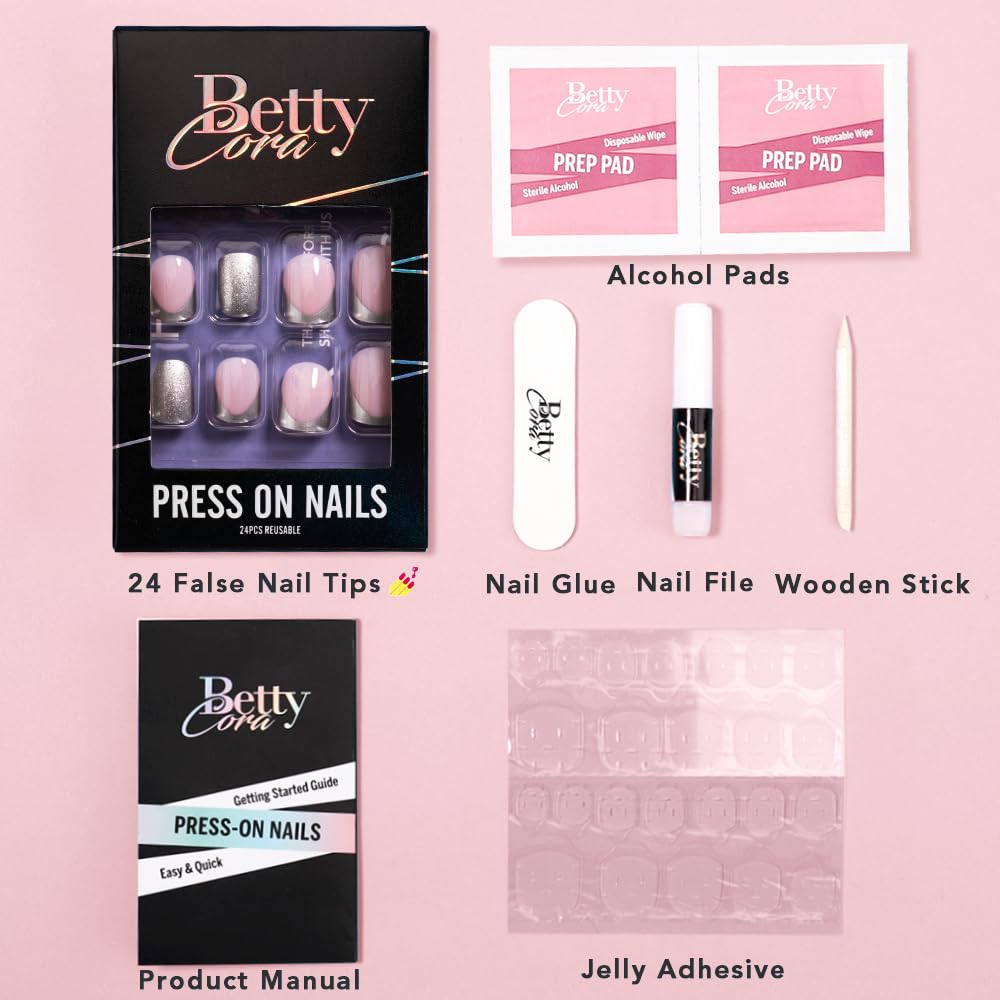 BettyCora – Uñas postizas cortas a presión, 24 puntas francesas cuadradas con pegamento para uñas, color plateado