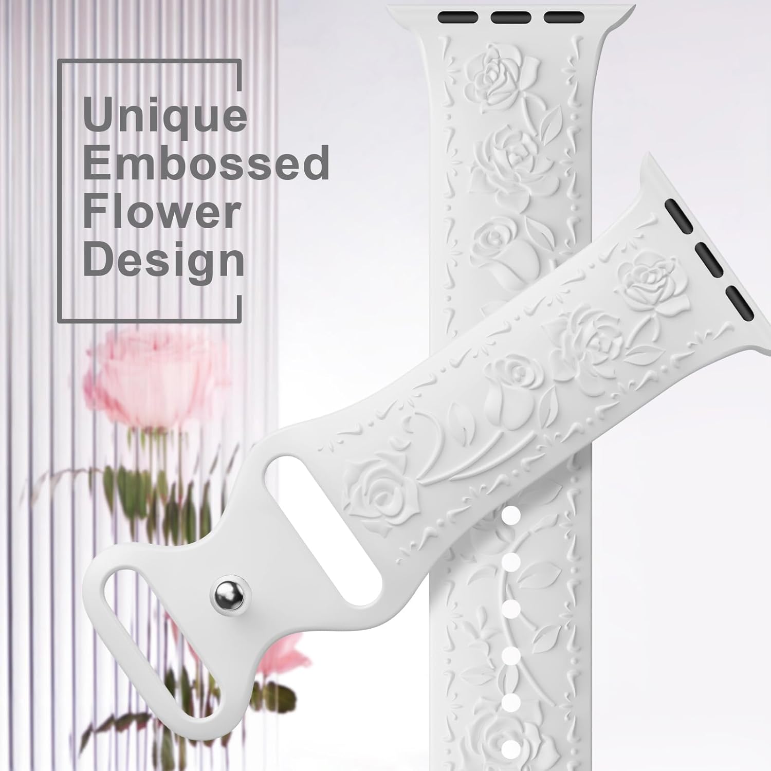 Correa de silicona suave con grabado floral compatible con Apple Watch Band de 1.575 in, 1.614 in, 1.496 in, 1.654 in, 1.732 in, 1.772 in y 1.929 in