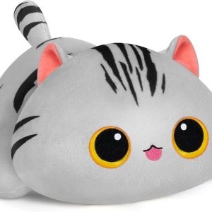 Linda almohada de felpa con diseño de gato, juguetes de peluche Kawaii a rayas grises de gato, peluches esponjosos, almohada corporal para niños y Linda almohada de felpa con diseño de gato, juguetes de peluche Kawaii a rayas grises de gato, peluches esponjosos, almohada corporal para niños y