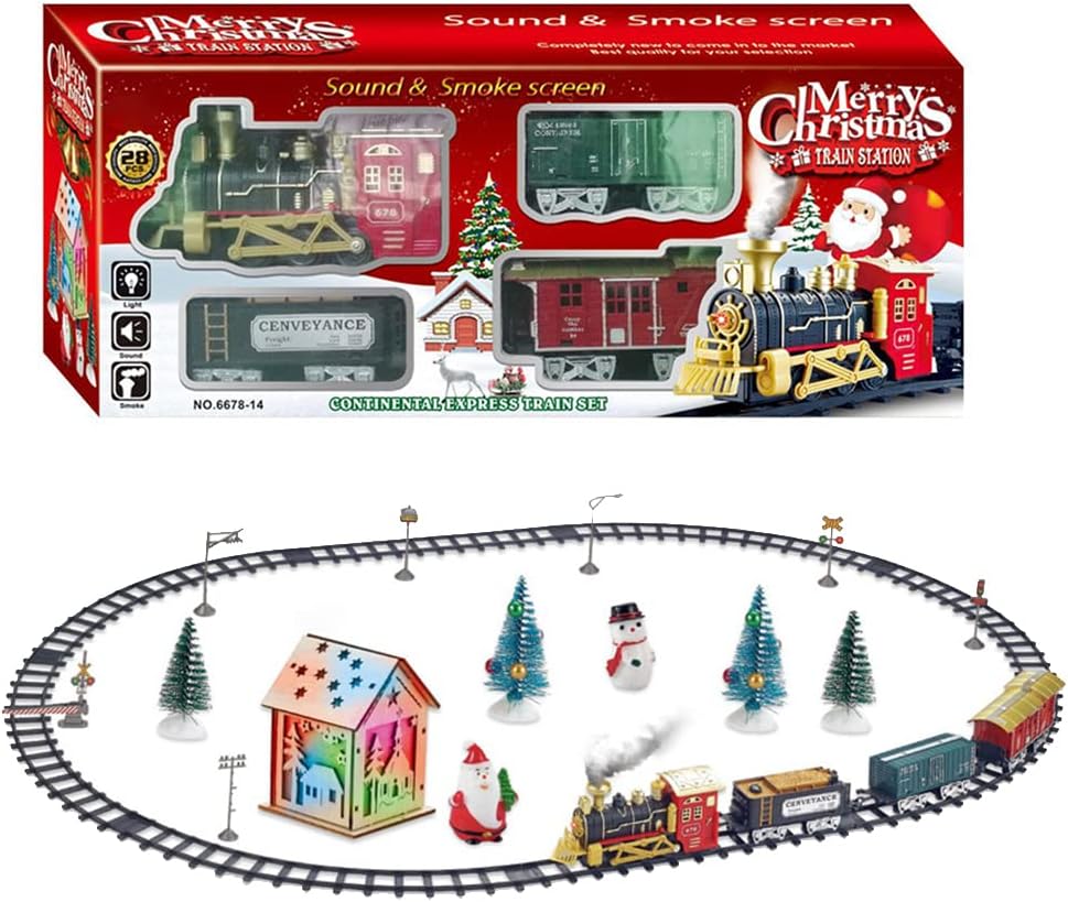 Juegos de tren de Navidad para debajo del árbol, tren de locomotora de vapor eléctrico con luces, música, funciona con pilas, juego para niños y