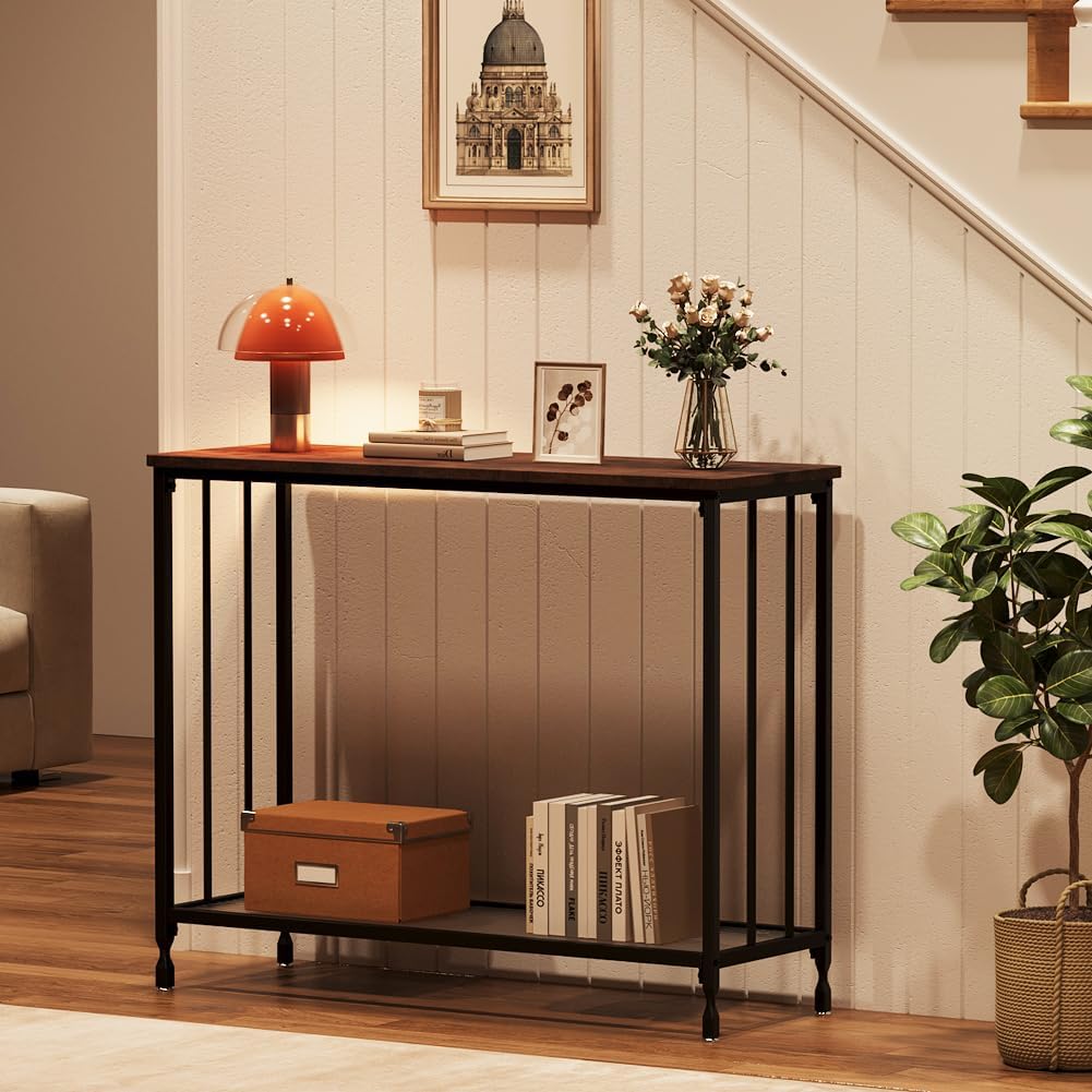 Mesa consola, mesas de sofá, mesa de entrada estrecha con estante de vidrio y marco de metal, mesa de pasillo industrial de 33.5 pulgadas para sala