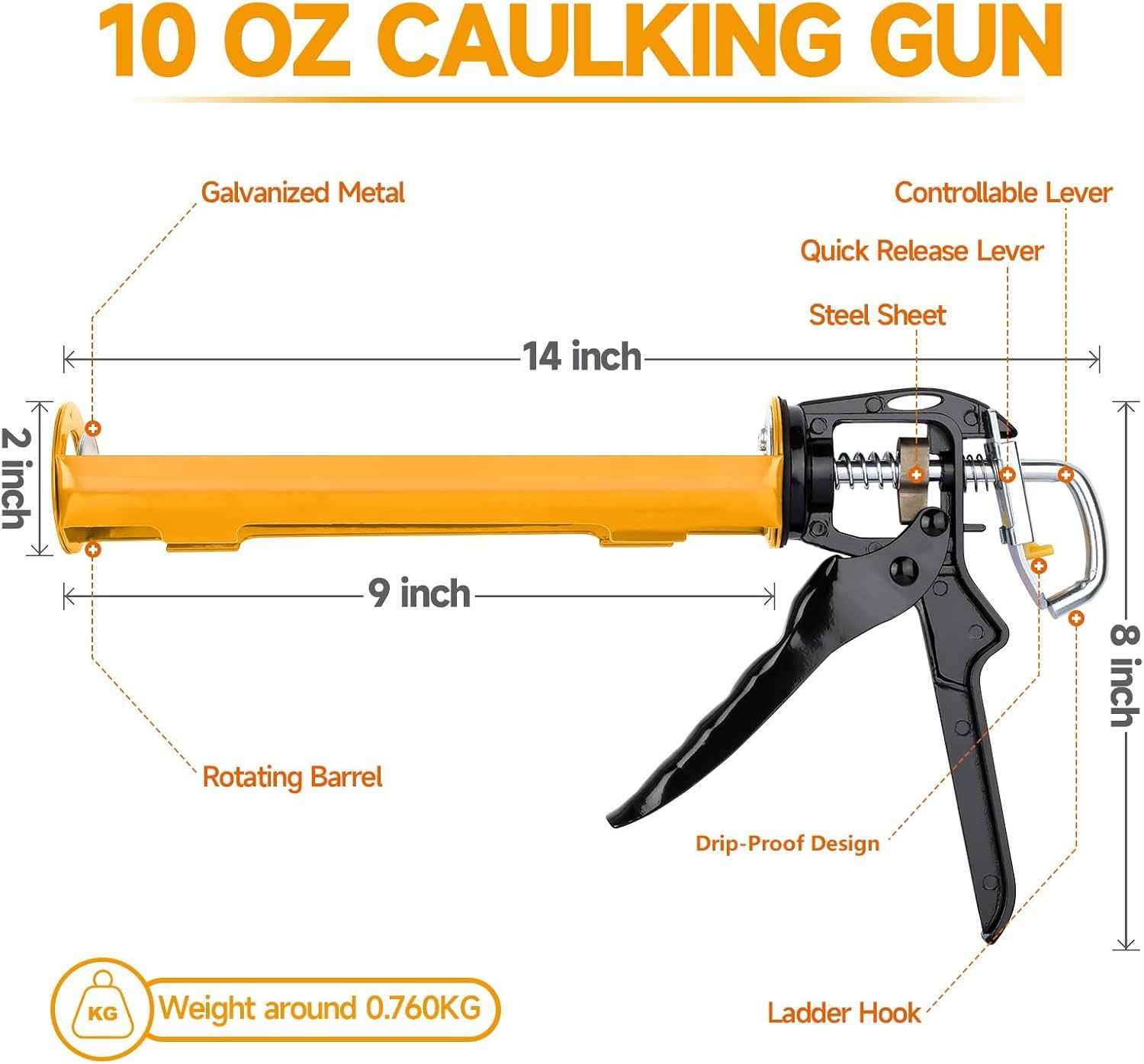 Pistola de calafatear, pistola de calafateo manual ajustable con regulación sin goteo, pistola de silicona selladora para tubos de calafateo de 10