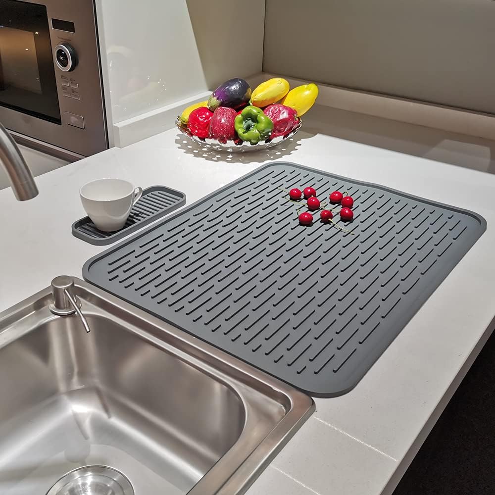 Tapete de secado de platos para encimera de cocina, 23 x 18 pulgadas, XXL, tapete de secado de silicona para encimera, salvamanteles resistentes al