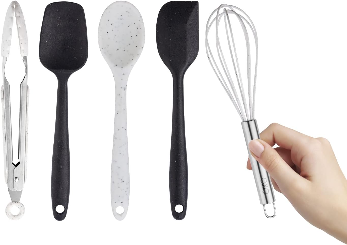 Cook With Color Juego de cinco mini utensilios de cocina  Herramientas de cocina de silicona, batidor, pinzas, espátula, cuchara y cuchara (negro y