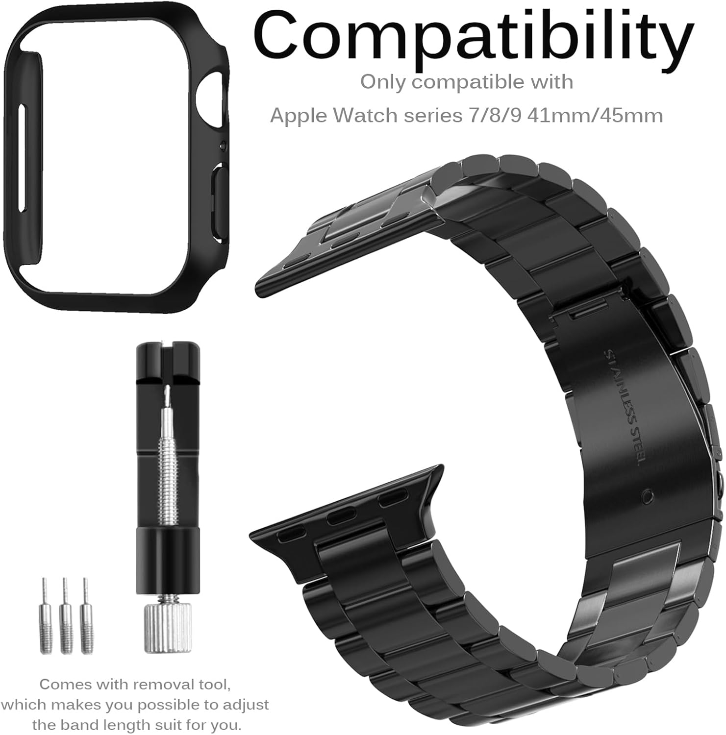 Miimall Correa de acero inoxidable compatible con Apple Watch Series 7 de 1.614in, con funda, carcasa delgada y rígida de policarbonato para Apple