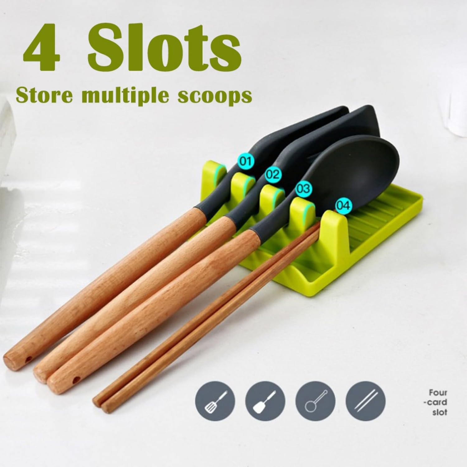 Soporte para cucharas, utensilios de cocina y cuchara de plástico con almohadilla de goteo profunda y soporte para tapa de olla, sin BPA y