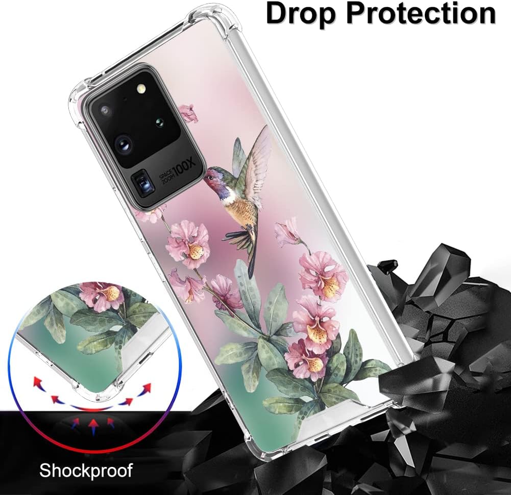 OOK Funda transparente compatible con Samsung Galaxy S20 Ultra, diseño de colibrí rosa, flexible, TPU a prueba de golpes, antiarañazos, funda