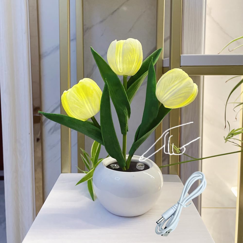 Lámpara de tulipán LED con flores artificiales, lámpara de mesa, luz nocturna, carga USB y atenuación para el hogar, sala de estar, dormitorio,