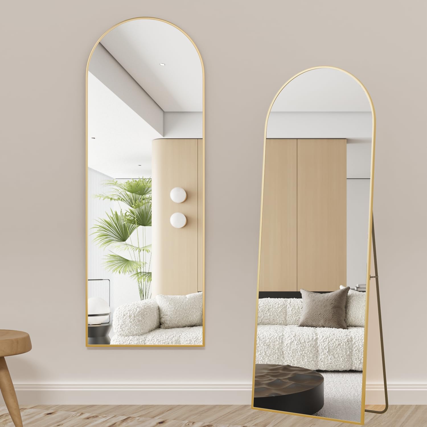 Espejo de longitud completa, espejo de arco de 64 x 21 pulgadas con soporte, espejo de cuerpo completo arqueado dorado de pie o inclinado para