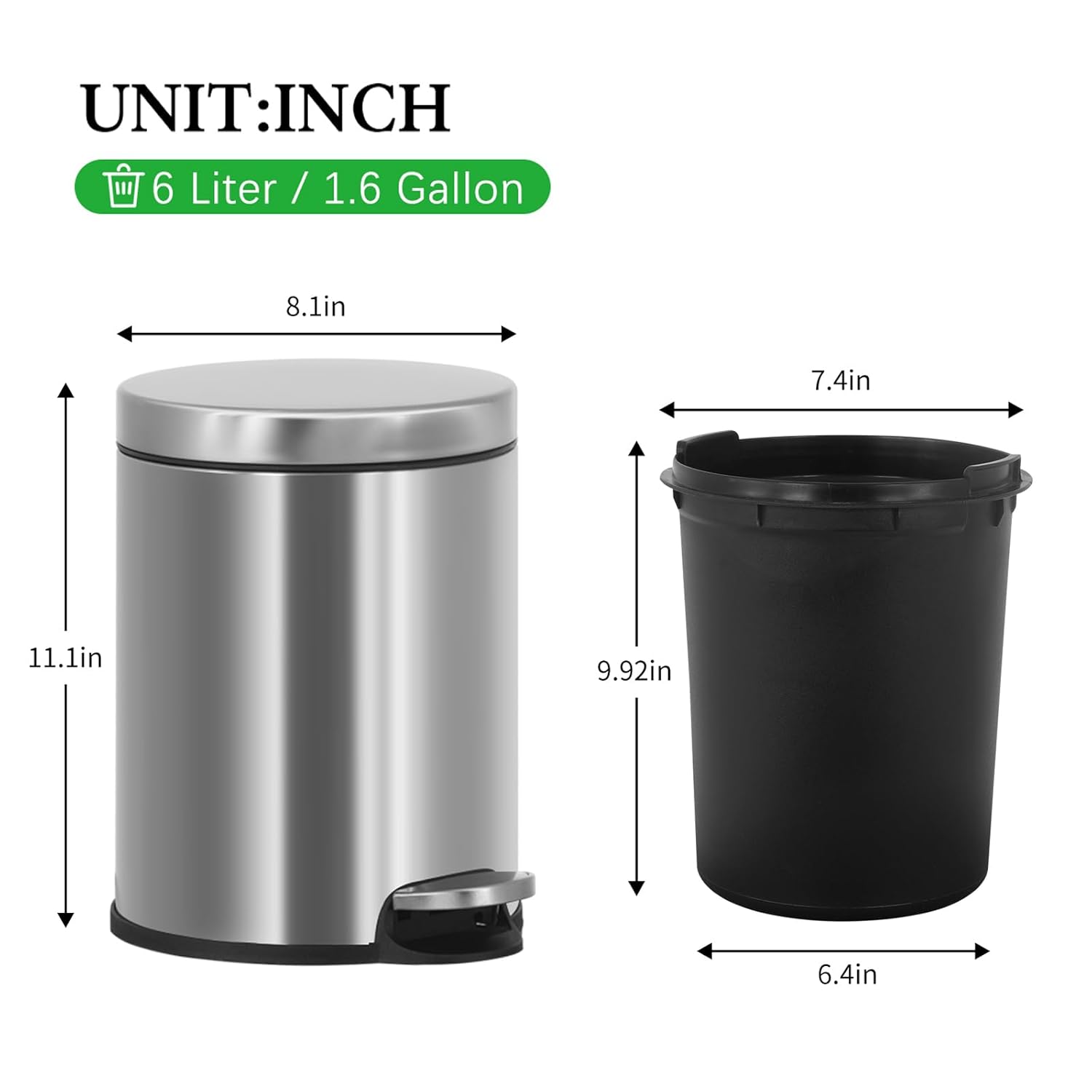 YYkokocat Basurero de baño de 6 litros1.6 galones, pequeño bote de basura de acero inoxidable con tapa  pedal escalonado, cubo de basura redondo con