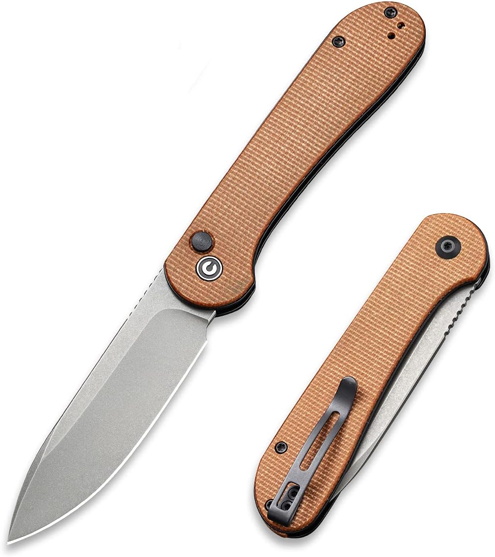 CIVIVI Cuchillo plegable de bolsillo con mango de micarta de hoja 14C28N de 3.47 pulgadas, cuchillo Elementum con bloqueo de botón para EDC C2103D