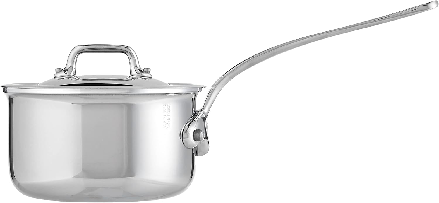 Mauviel M’Cook – Sartén de acero inoxidable pulido de 5 capas con tapa y mango de acero inoxidable fundido, 0.8 cuartos de galón, fabricado en