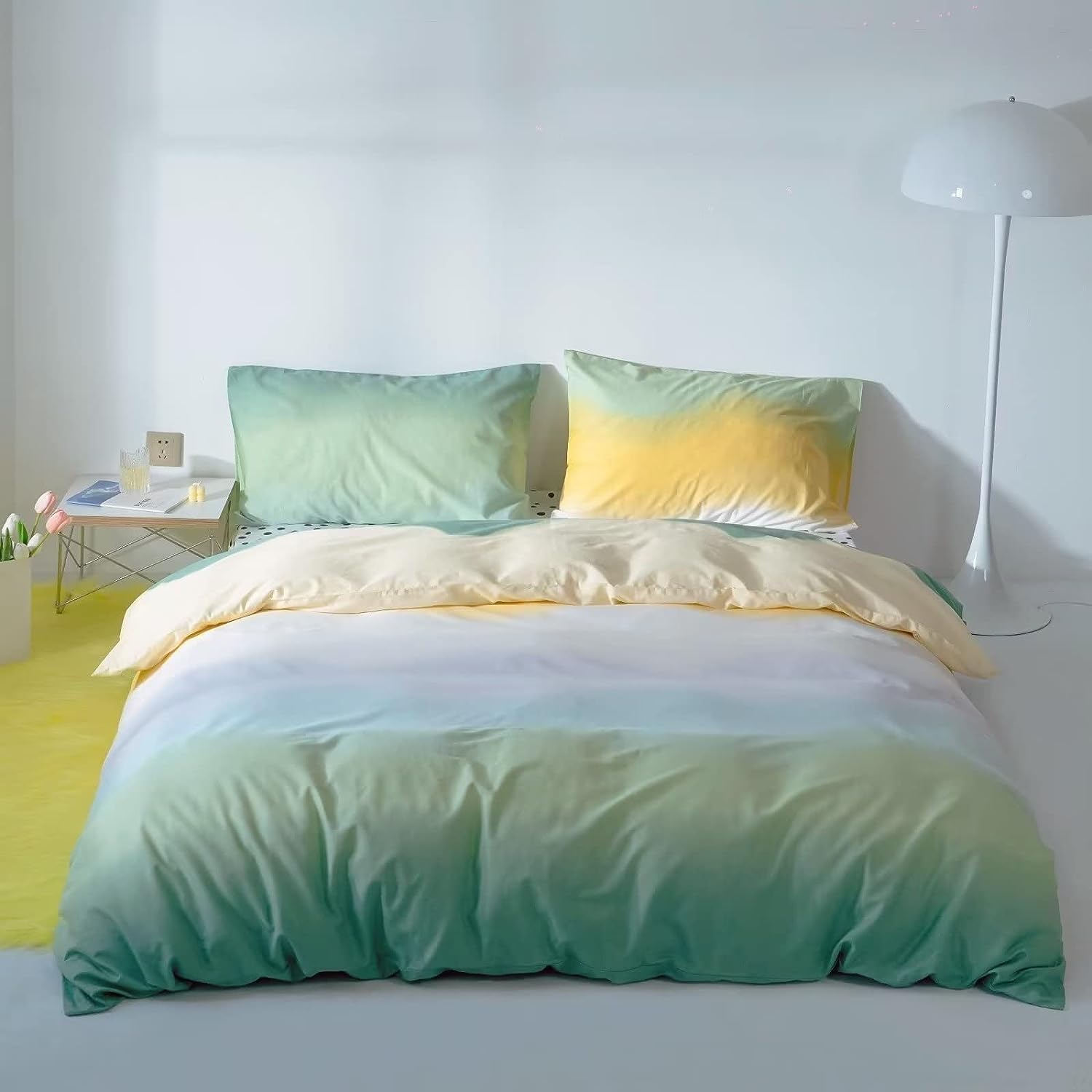 Juego de edredón verde degradado, tamaño Queen, color verde salvia y amarillo, juego de ropa de cama multicolor, amarillo y verde claro, juego de