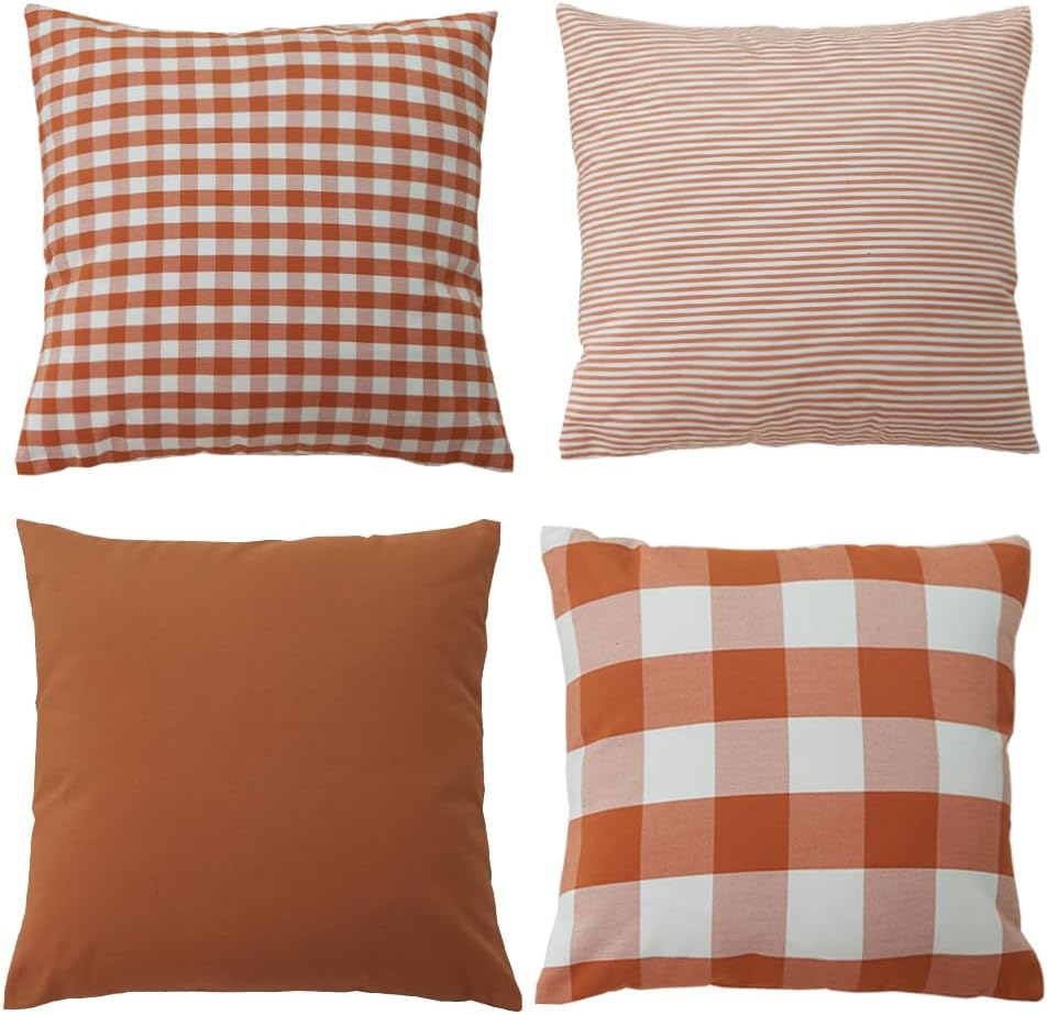 Fundas de almohada de otoño de 22 x 22 pulgadas, fundas de almohada naranja con cuadros de búfalo, naranja sólido, diseño a rayas y cuadros a
