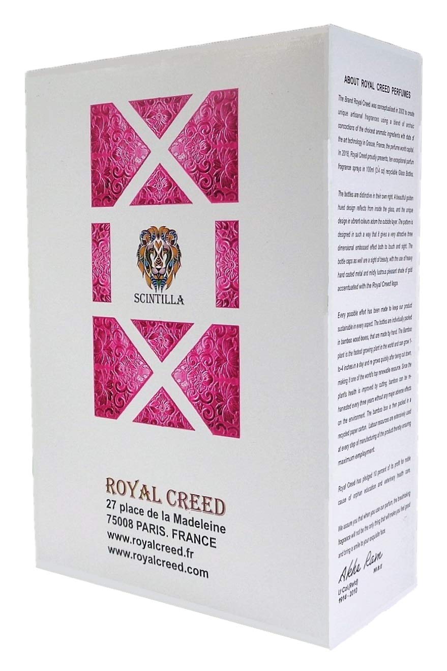 SINTILLA. Por Royal Creed. Francia. Eau De Parfum Spay para mujer. 3.4 fl oz (3,4 oz). Peso 680 gm. Tamaño de la caja 6.7 x 4.5 x 2.4 in