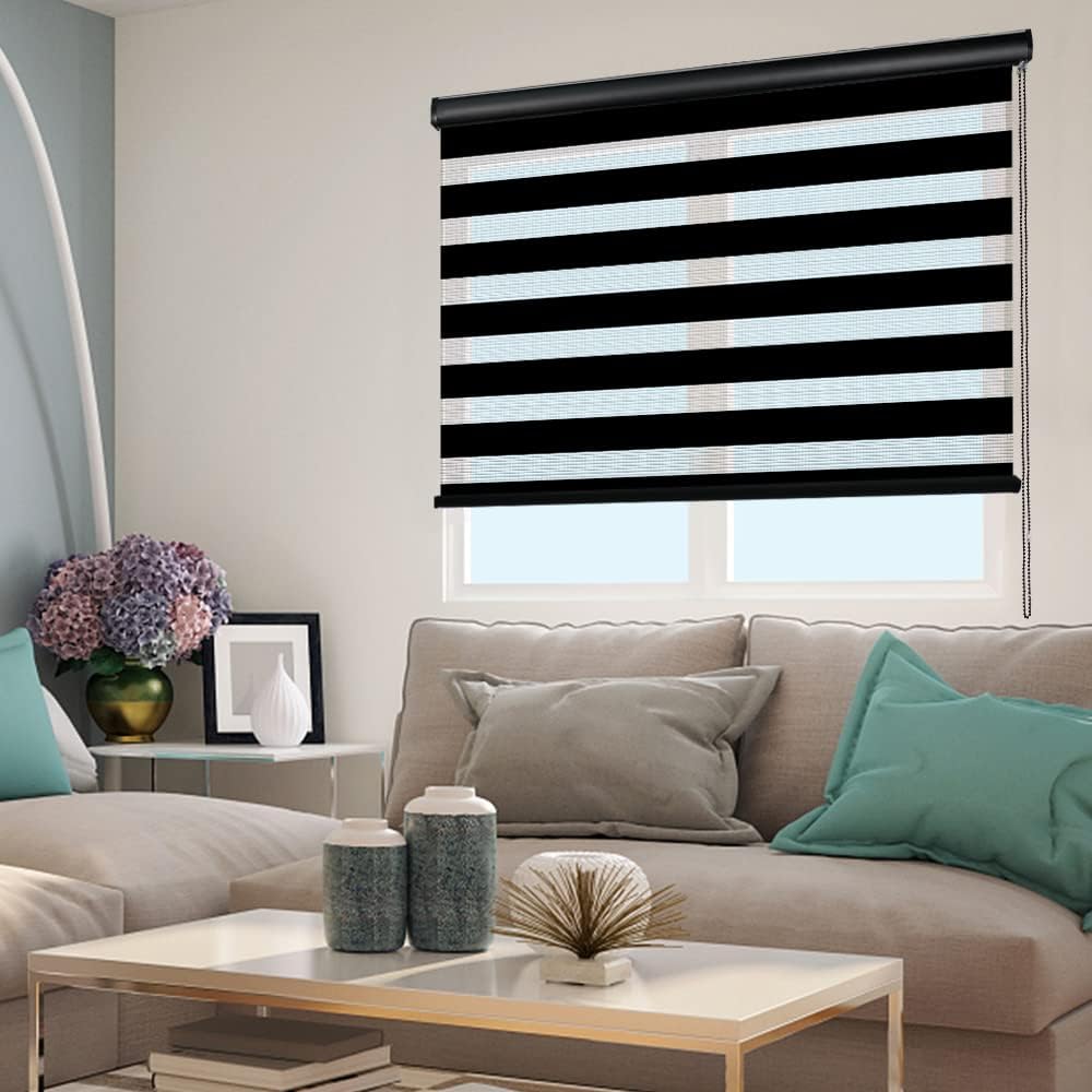 Kokorona Zebra – Persianas enrollables para ventanas, de doble capa con cenefa, color negro, 38 pulgadas de ancho x 72 pulgadas de alto