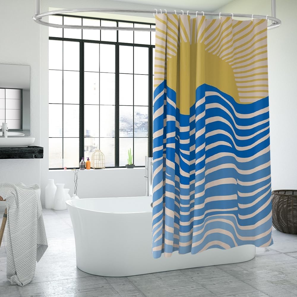 Cortina de ducha bohemia con paisaje marino abstracto, cortina de baño para baño, decoración de baño, juego de cortinas de ducha modernas con 12