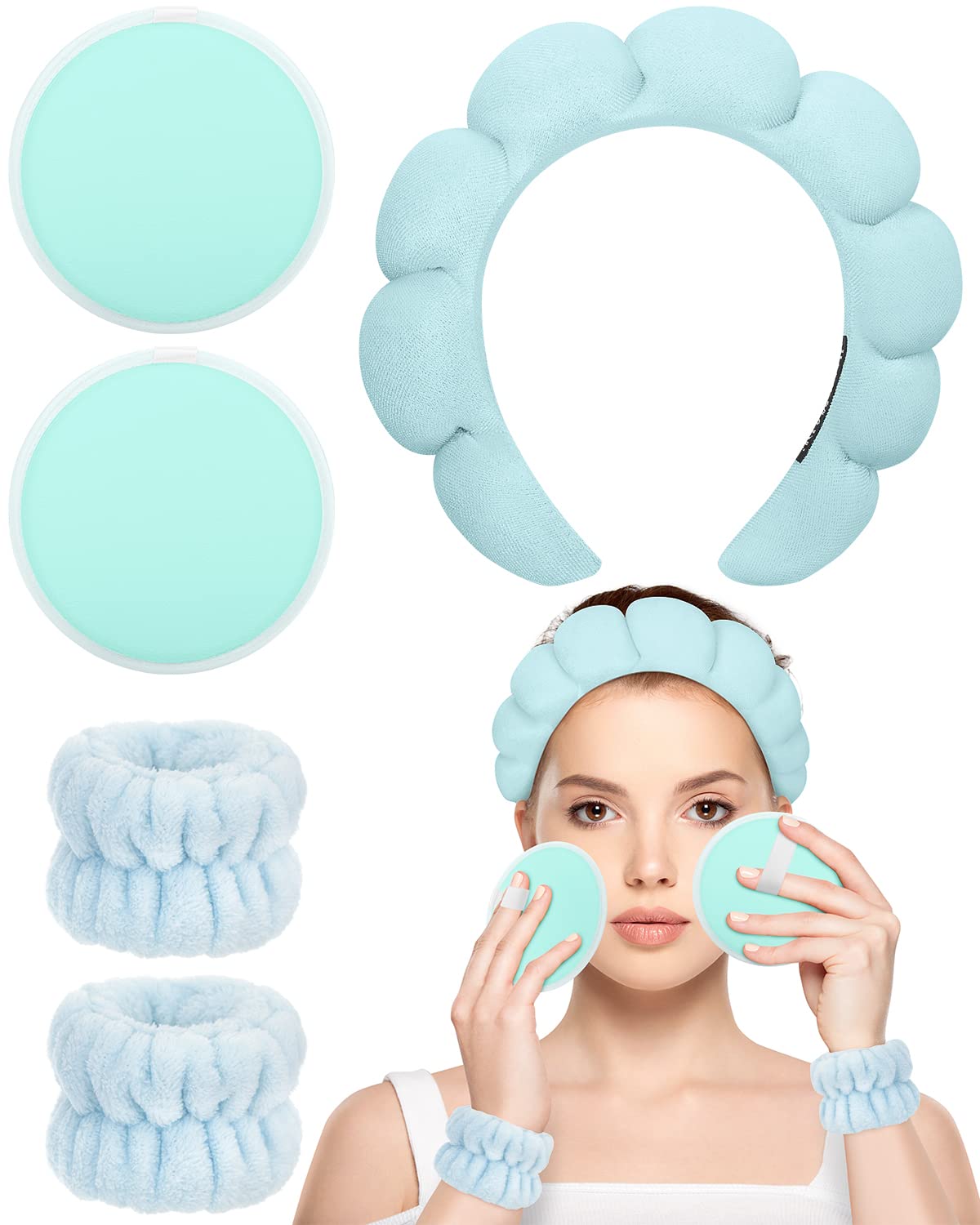 5 diademas de esponja azul para mujer, para lavado de cara, diadema de maquillaje y muñequera, viene con 2 almohadillas reutilizables para lavar la