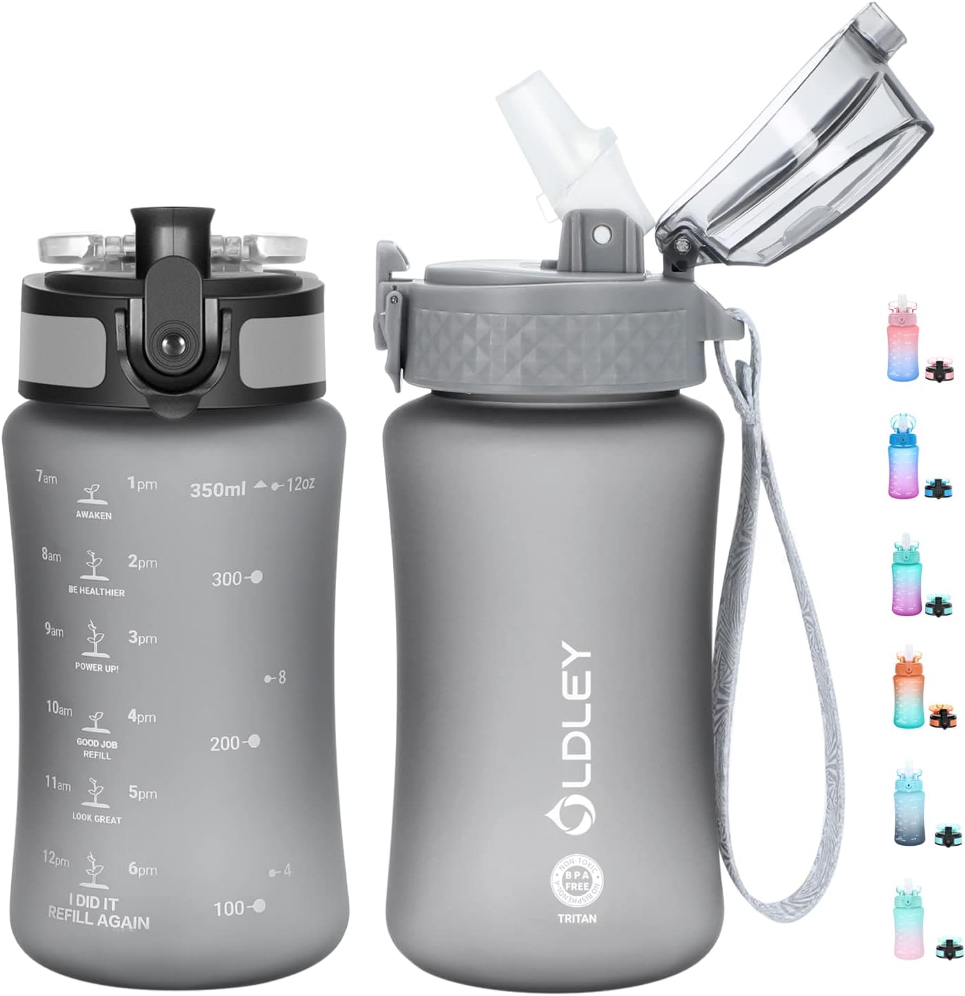 Botella de agua de 12oz para niñosniñas pequeños, sin BPA, con marcador de tiempo que motiva a beber, 2 tapas de popoteboquilla, abre con un solo