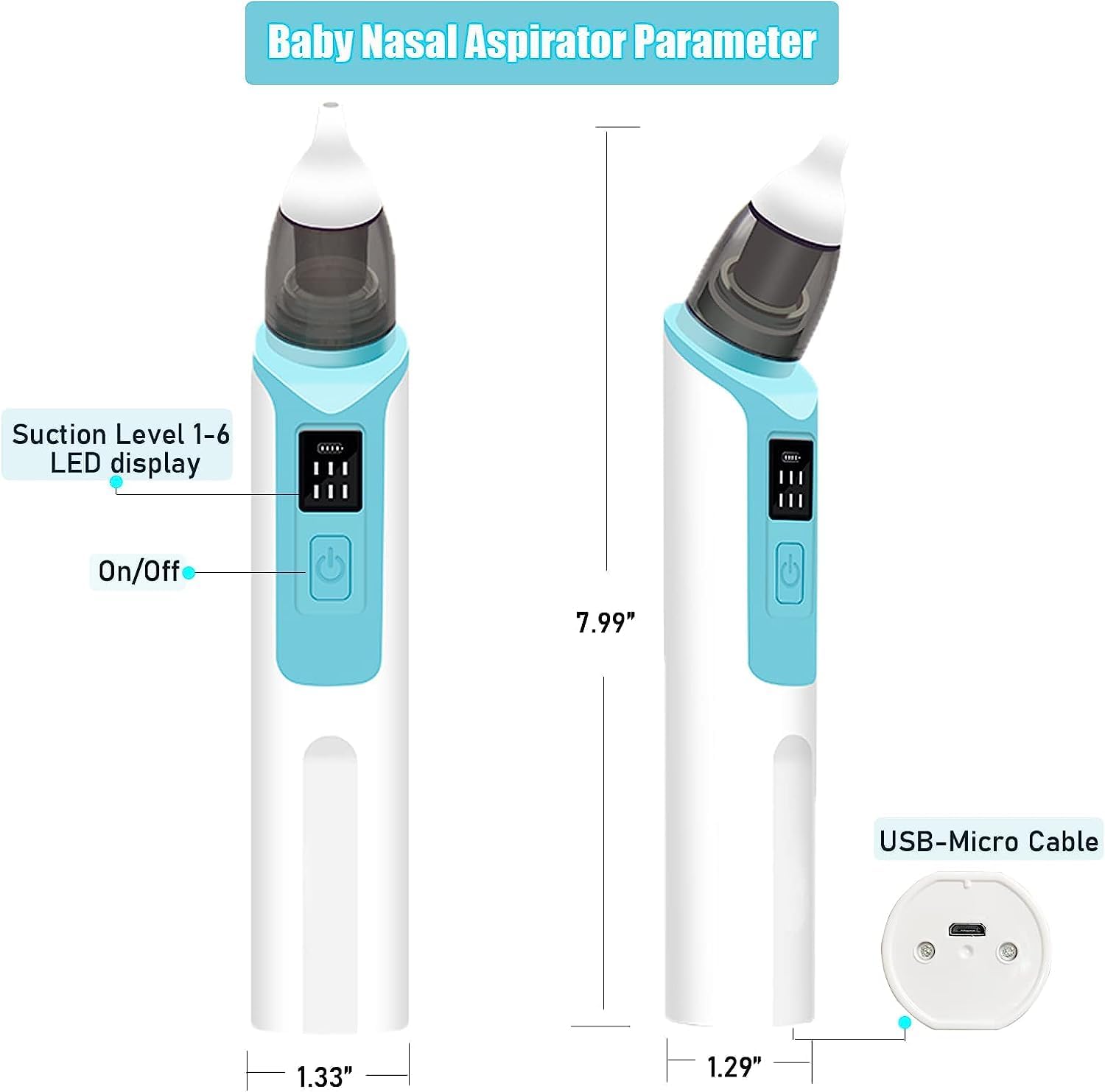 Aspirador nasal para bebé, succión eléctrica de nariz para bebé, limpiador de nariz recargable con 2 tamaños de boquillas, 1 clip para recién