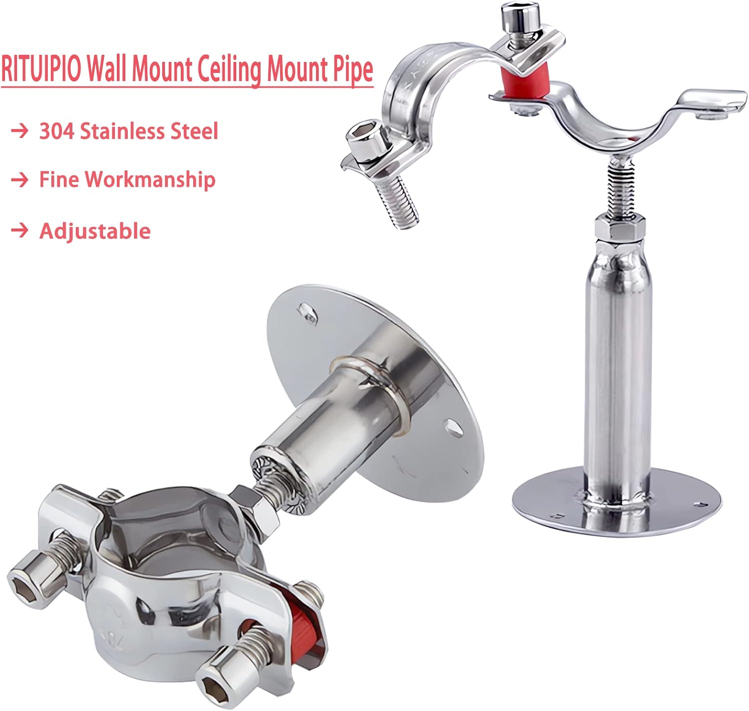 2 tubos de montaje en pared para montaje en techo, tubos de acero inoxidable 304, soporta separación de tuberías, altura ajustable de 30-60 mm