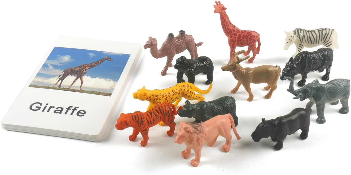 MEROCO Montessori Zoológico Safari Animal Match – Figuras en miniatura con 2 tarjetas a juego de piezas Montessori Materiales de lenguaje Montessori