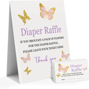 Juego de rifa de pañales para baby shower, 1 letrero y 50 boletos para rifas de pañales, mariposas doradas lilas, decoraciones de juego para fiesta Juego de rifa de pañales para baby shower, 1 letrero y 50 boletos para rifas de pañales, mariposas doradas lilas, decoraciones de juego para fiesta