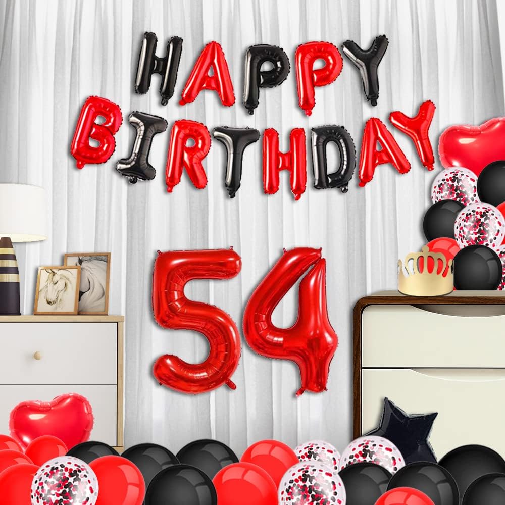 Minhero – Decoraciones de cumpleaños número 54, color rojo y negro, pancarta de feliz cumpleaños, globos rojos del número 54, banda de feliz