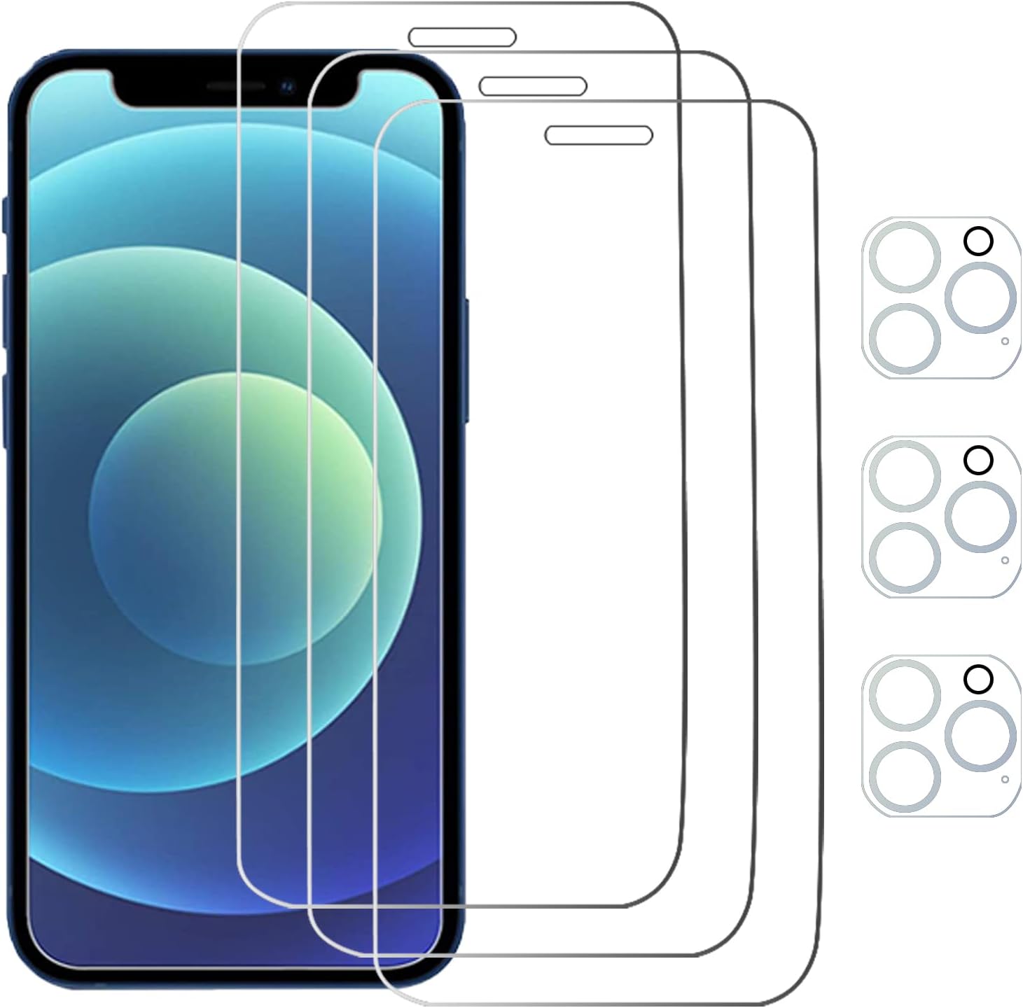 Paquete de 3 protectores de pantalla para iPhone 12Pro Max 6.7 pulgadas con 3 paquetes de protectores de lente de cámara de vidrio templado,