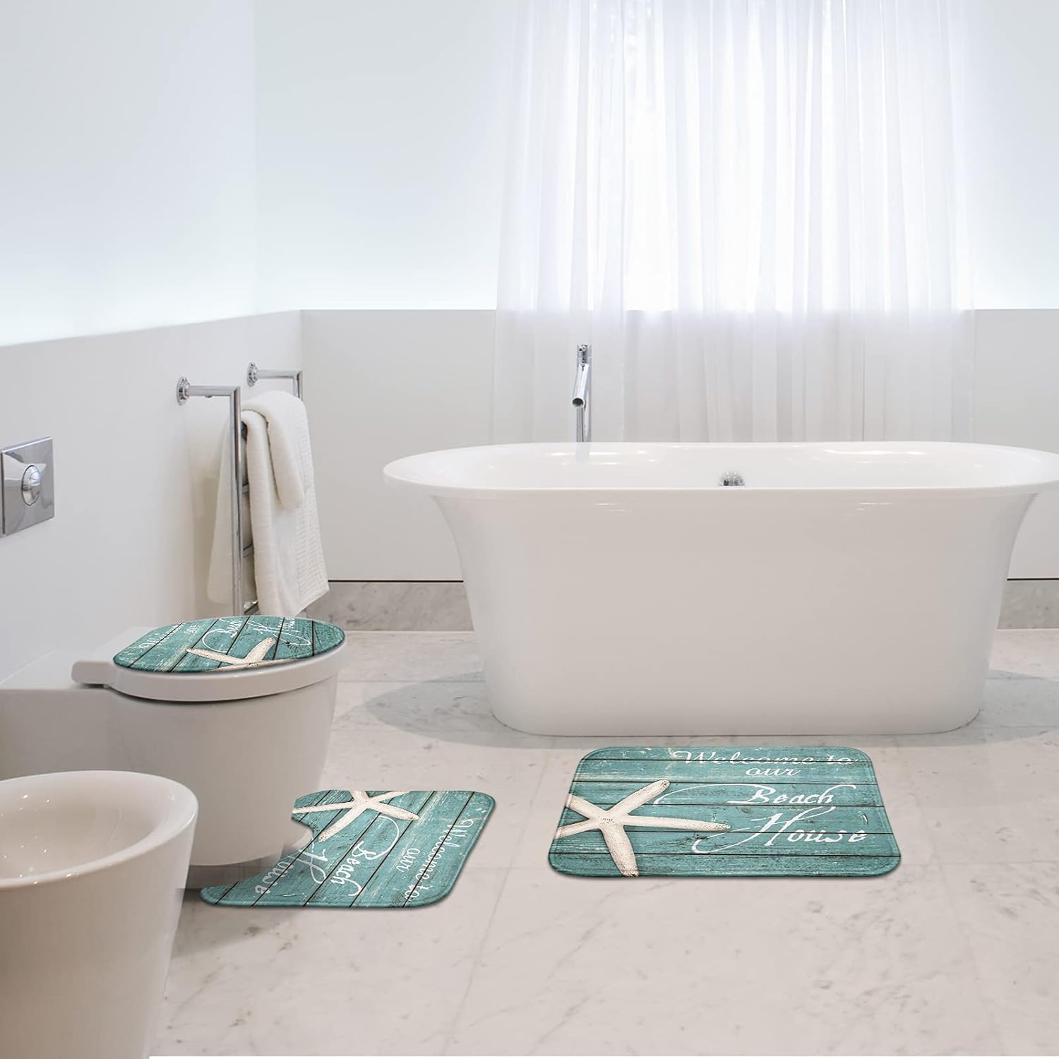 Britimes Juego de 3 tapetes de baño para baño, 3 piezas, diseño de estrella de mar azul claro y texto, cubierta lavable, decoración para cocina,