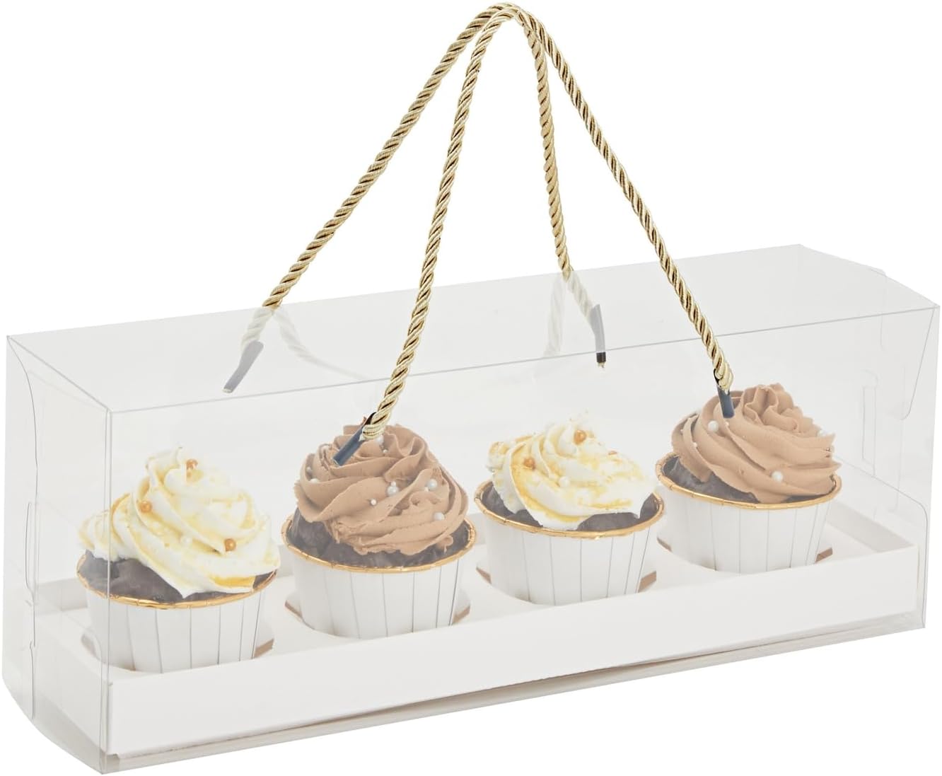 Sparkle and Bash Cajas transparentes para cupcakes con mango de cuerda dorada e inserciones blancas, 4 compartimentos (12.7 x 4.7 x 3.6 pulgadas),