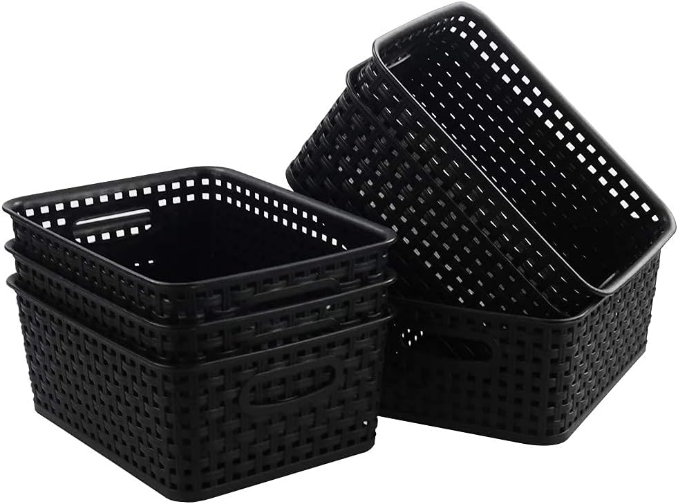 Leendines 6 paquetes de cestas pequeñas negras, cestas de almacenamiento de tejido de plástico