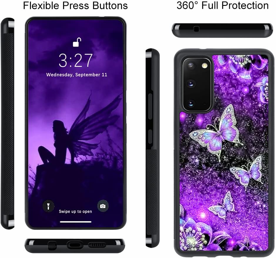 OOK Diseños para Samsung Galaxy S20 Funda Glitter Púrpura Mariposa Nebulosa Diseño Espacio PC Duro+Soft TPU Bumper Antideslizante Ultra Delgada