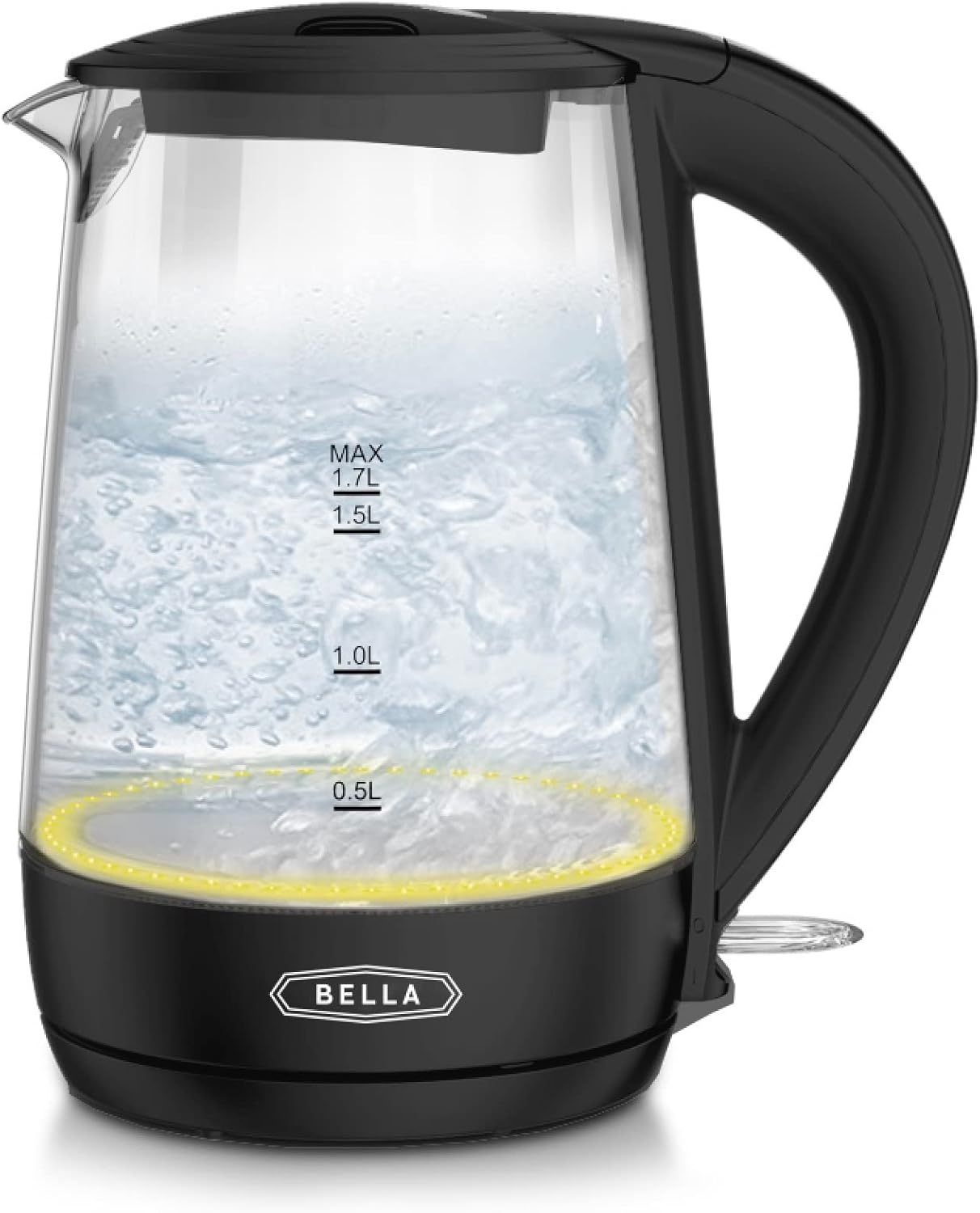 BELLA Hervidor eléctrico de vidrio de 1.7 litros, hierve rápidamente 7 tazas de agua en 6-7 minutos, las luces LED amarillas suaves se iluminan