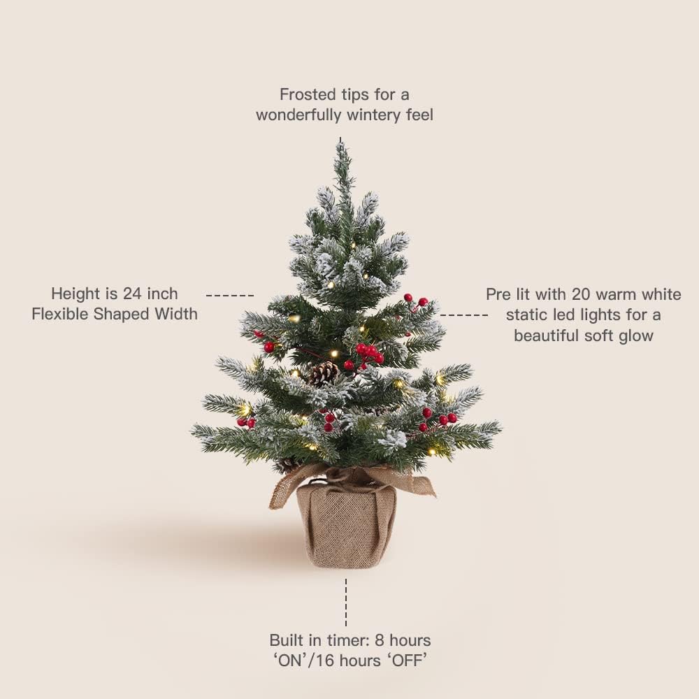 DECSPAS – Mini árbol de Navidad nevado preiluminado de 24 pulgadas y 2 pies, árbol de Navidad flocado de mesa pequeño con 20 luces LED, bayas rojas