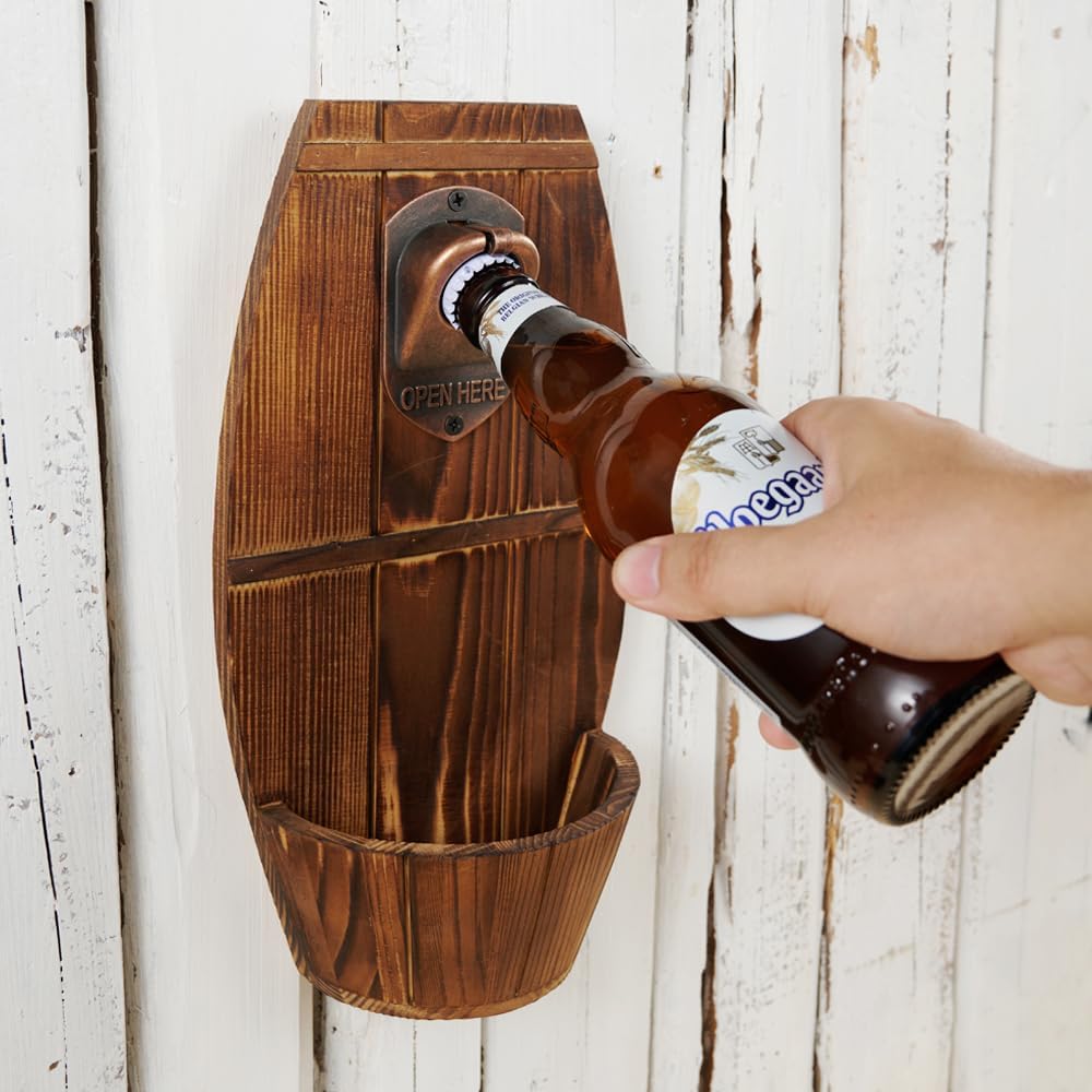 Abrebotellas de barril de cerveza de madera montado en la pared, abrebotellas vintage sin rastro con colector de tapa, regalo ideal para hombres y