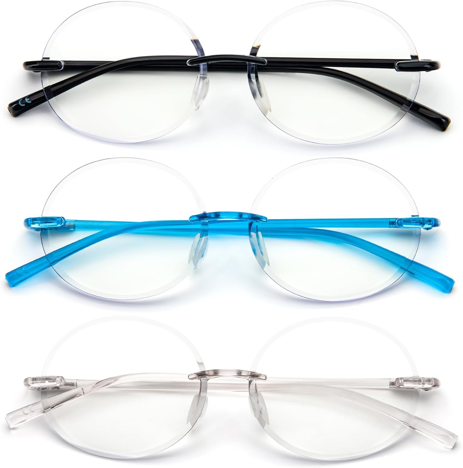 KoKoBin 3 Pack Rimless Round Reading Glasses,Blue Light Blocking for Men and Women