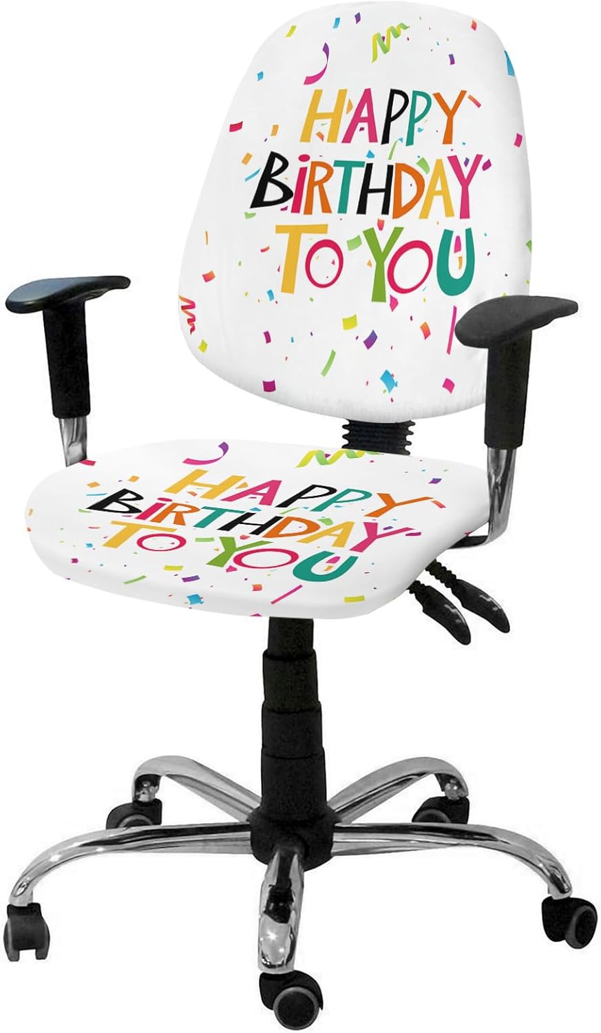 Funda elástica para silla de oficina con texto en inglés Happy Birthday para silla de computadora, respaldo, cinta de colores, arte abstracto,