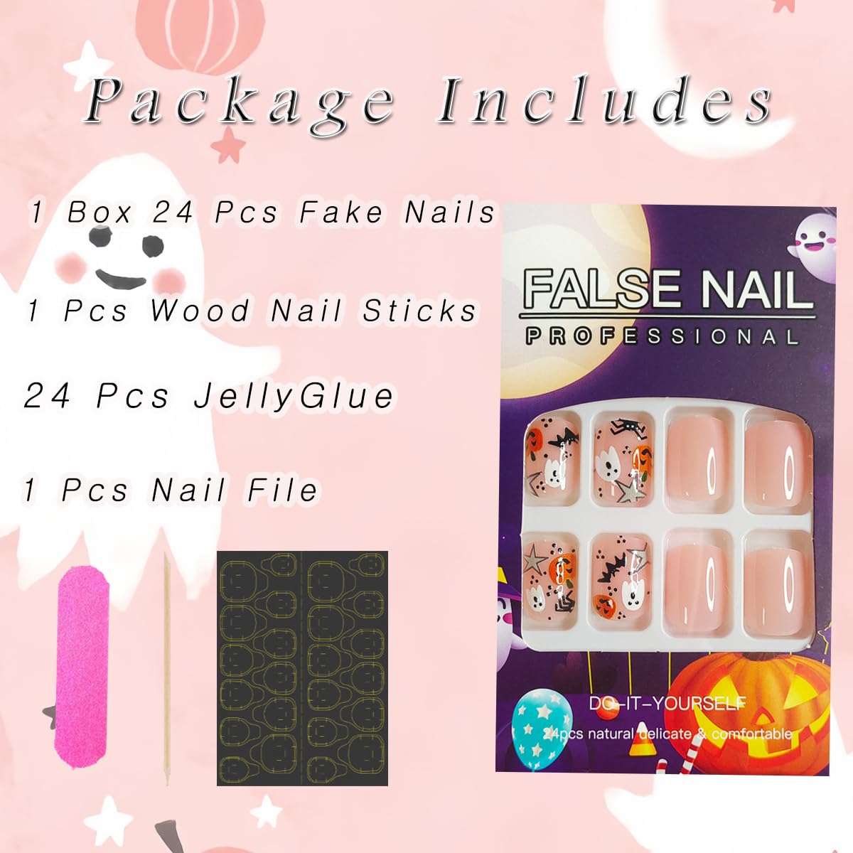 Uñas postizas a presión de Halloween, fantasma, rosa, fantasma, calabaza, estrella, araña, con diseños, cobertura completa, cuadradas, brillantes,