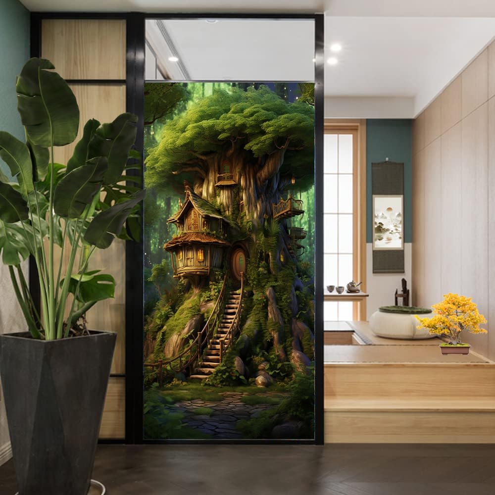 Película de privacidad rústica para ventana, diseño retro de árbol de casa, vitral, bloqueo solar, control de calor, película decorativa para cubrir